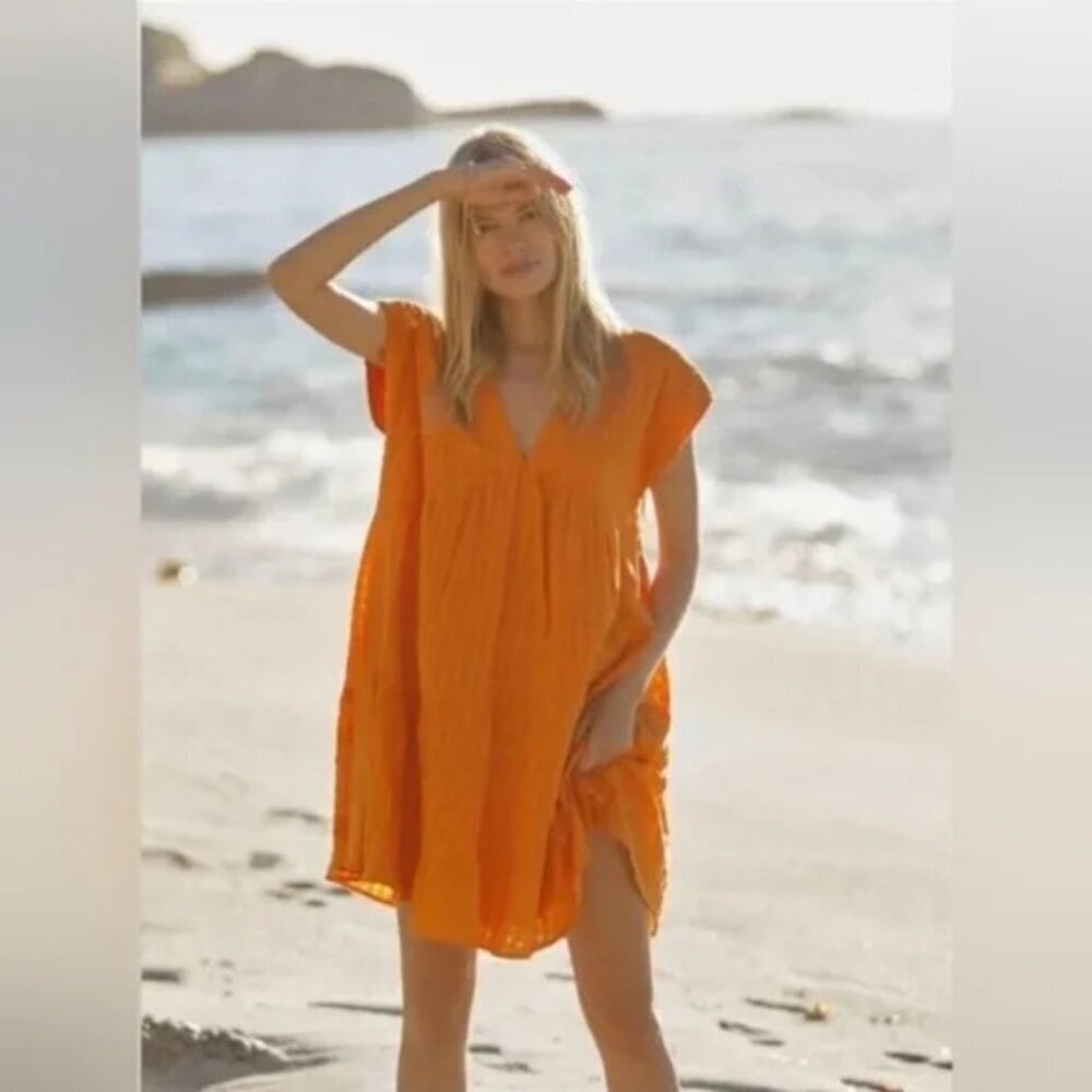 Maeve Juliet Tiered Tunic Dress Gingham Lightweight Vacation Airy in Orange XS
